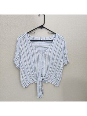 Jane + Delancey Button Down Tie Front Top Medium Blue White Cottagecore Beach